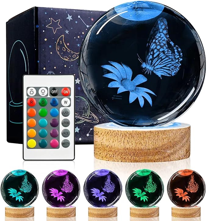 3D Butterfly Crystal Ball Night Light with 16 Colors and 4 Modes, Upgraded K9 Crystal, 3.15 Inch Butterfly and Flower Figurines, Remote Control, Gift Box