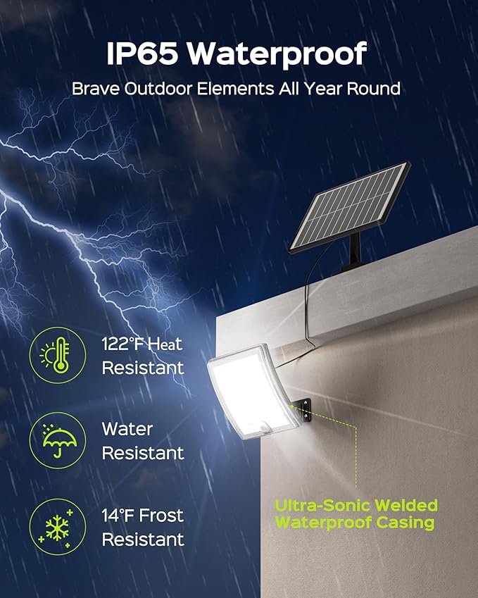 JACKYLED Solar Lights Outdoor Waterproof 80% Brighter Light, Motion Sensor Security Light with 16.4ft Cord, Dusk to Dawn Solar Powered Flood Lights for Patio, Yard, Garage, 4-Pack