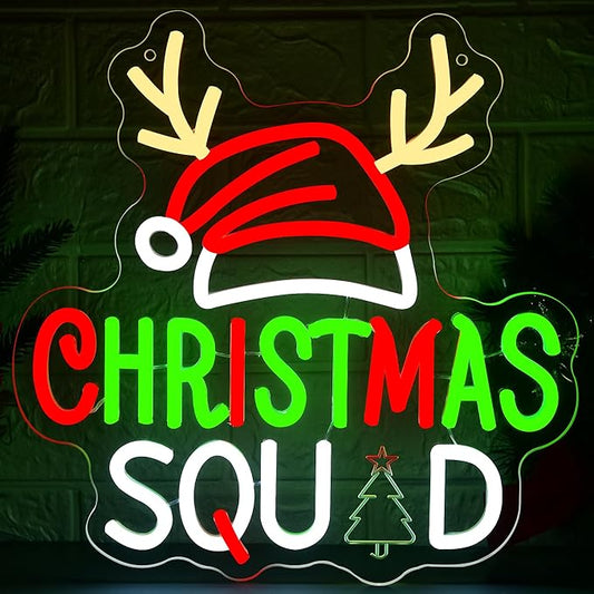 Christmas Neon Sign for Wall Decor Dimmable Christmas Squad LED Neon Light for Party Bedroom Christma Decor for Window Shop Bar Reindeer Santa Hat Signs Festival Gifts for Kids Size 13.2*13in(GLNA002)