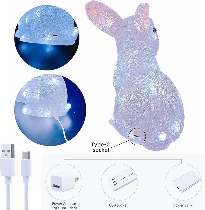 Gloworm YKL-1019, 22CM Acrylic Rabbit Lighting, Garden/Home/Easter Figure Light Up, with 26 White LEDs, 6H Timer, Dual Power Supply USB or Batteries: 3 x AA (Not Included) Bunny Night Light Indoor