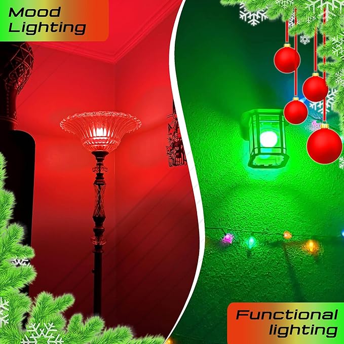 Red Green E12 LED Candelabra Bulbs, 25w-40w Equivalent, 3W Christmas Light Bulbs, E12 Small Base Globe Red Green LED Bulb for Christmas Halloween Holiday Party Wedding Decoration (1 Red+1 Green)