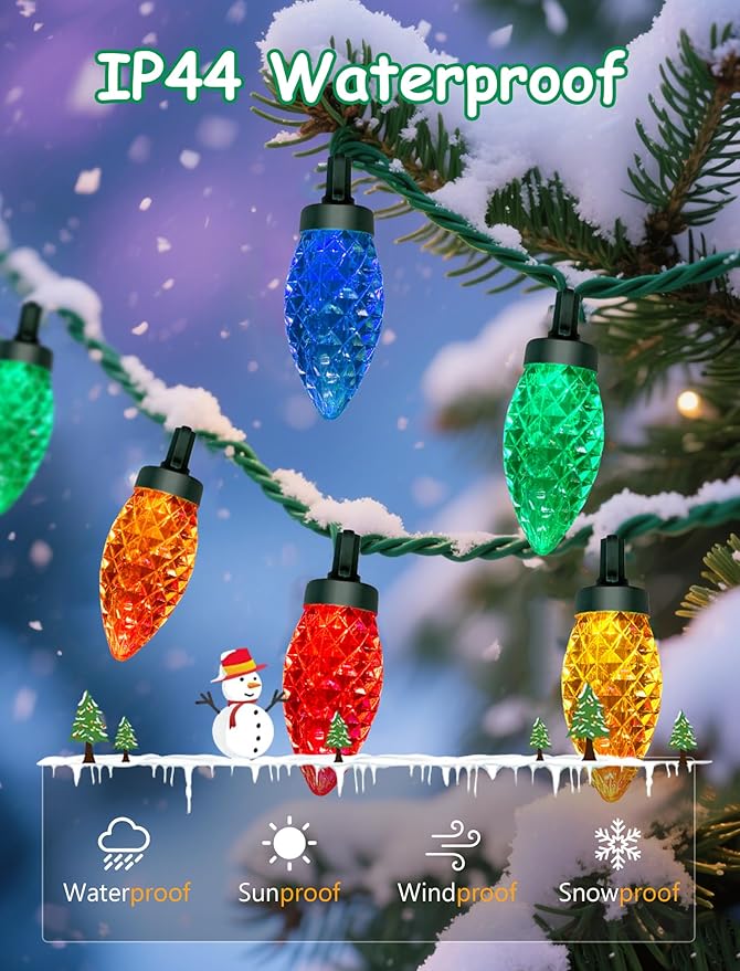 C9 LED Multicolor Christmas Lights Outdoor, 26FT Hanging Christmas Decorations Lights with 50 Diamond C9 Colorful Bulbs, Connectable Patio Light Waterproof for Tree Patio Roofline Holiday Party