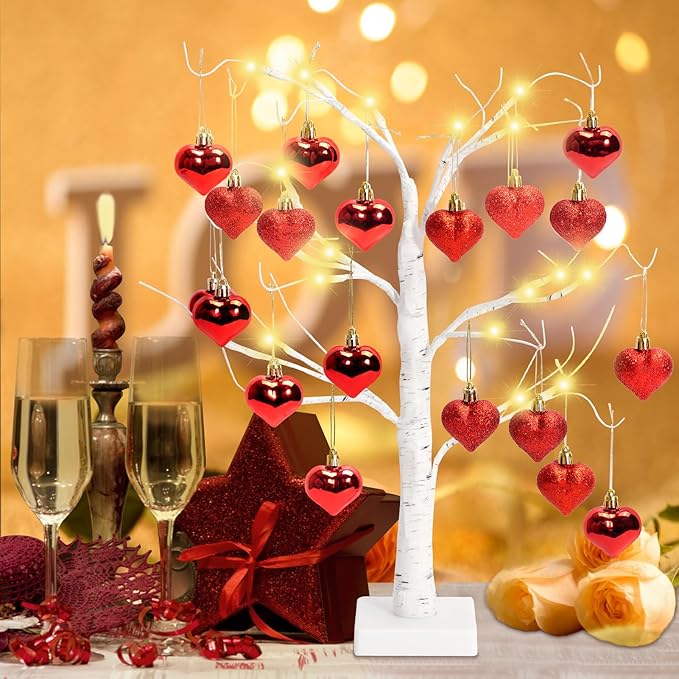 24" Valentine's LED Lighted Birch Tree with 18pcs Ornaments,Warm White LEDs Birch Tree Light Tabletop Artificial Tree 8 Lighting Modes USB or Batteries Operated with Timer for Valentine