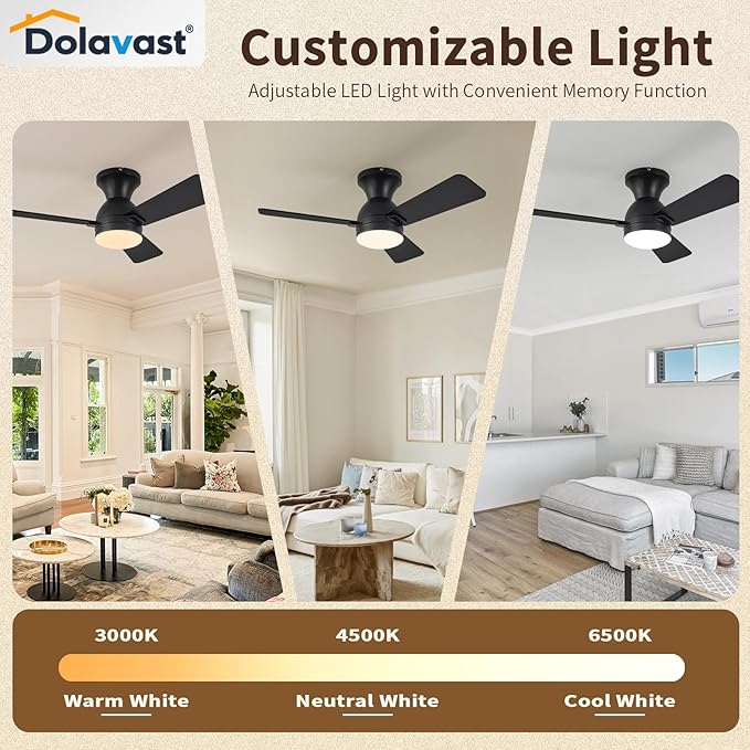 Ceiling Fans with Lights and Remote, 36 Inch Ceiling Fan with Light, Low Profile, Reversible, Dimmable LED, Flush Mount, Quiet, DC Motor, Black Ceiling Fan for Bedroom, Kitchen, Office