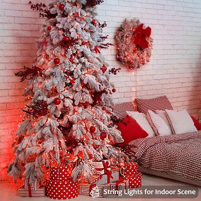 2 Pack Christmas String Lights Battery Operated with Timer, 66FT 200 LED Waterproof Twinkle Lights, 8 Modes Fairy Light for Indoor and Outdoor Bedroom Garland Tree Christmas Decorations (Red)