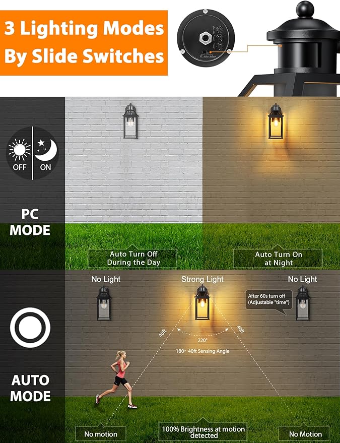 Porch Light with GFCI Outlet, 14'' Large Motion Sensor Outdoor Lights for House, Waterproof Exterior Lighting Fixtures, Black Anti-Rust Outside Wall Mount Sconce for Patio Front Door Entryway, E26