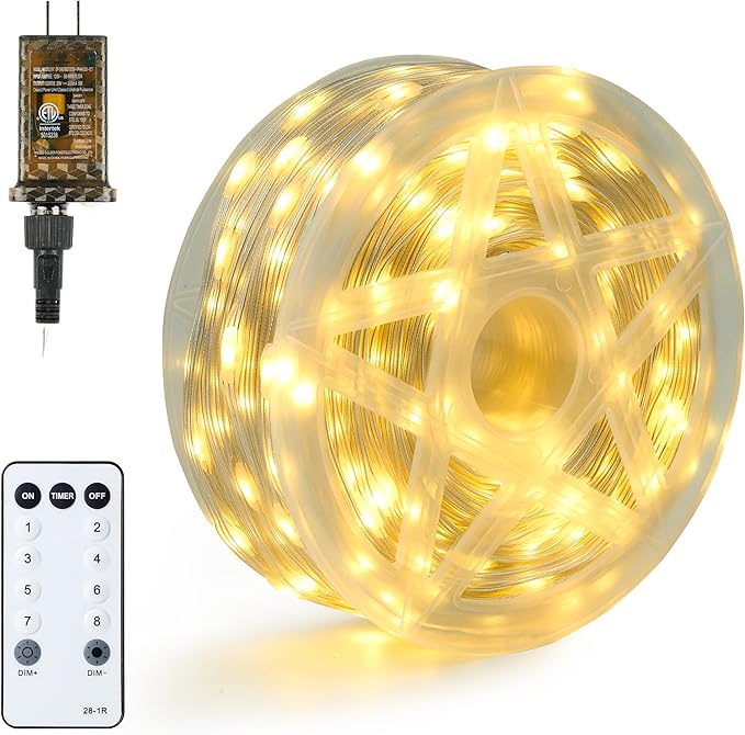 Joiedomi 600 LED Christmas Lights Outdoor,197 FT Warm White Christmas Tree Lights with 8 Modes Timer, PVC Clear Wire String Lights with Reel for Indoor Outdoor Holiday Xmas Eve Night Decorations