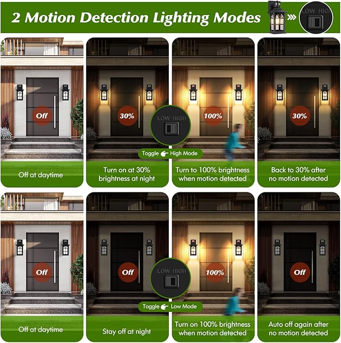 2-Pack Motion Sensor Outdoor Wall Lights, Dusk to Dawn Porch Lights Outdoor Wall Sconces Lanterns, Aluminum Exterior Lighting Fixtures, 3 Lighting Modes Outside Lights for House Front Door Garage