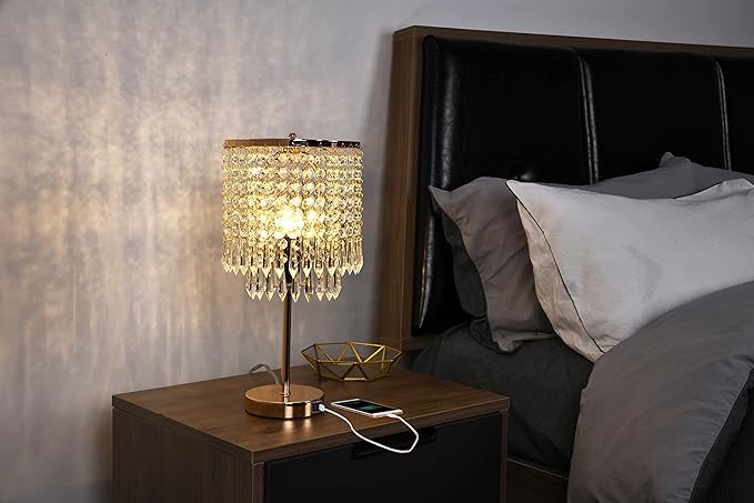 Crystal Table Lamps Set of 2, Gold Lamps for nightstand with 2 USB Charging Ports, 3-Way Touch Dimmable Crystal Desk Lamp, Gold Bedside Lamp with Elegant Shade for Bedroom, Living Room