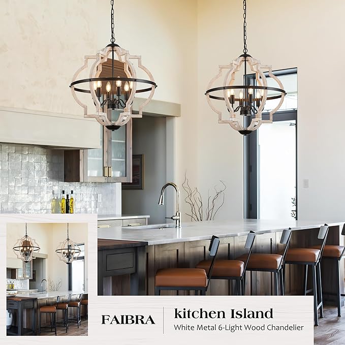 6-Light Farmhouse Wood Pendant Light,22.83'' Vintage Rustic Light White Wood Chandeliers,Retro Industrial Hanging Light Fixtures for Dining Room Entryway, Bedroom