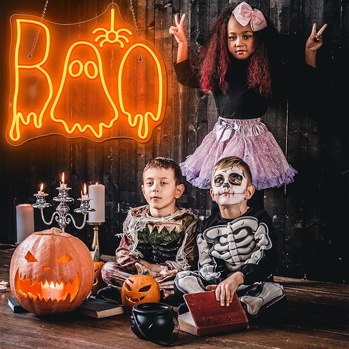 Halloween Boo Neon Sign, Spooky Ghost Neon Light Neon Signs, Dimmable Halloween Led Sign for Wall Bedroom Home Bar Halloween Party Decor Halloween Present for Trick or Treat Party Backdrop