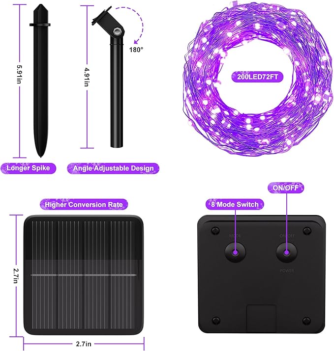 Solar String Lights for Outside, 72Ft 200 LED Solar Fairy Lights with 8 Modes, Solar Powered Fairy Lights Waterproof for Waterproof for Christmas Tree Garden Party Wedding Decor.（Purple）