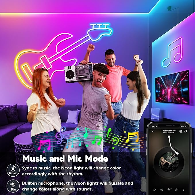 LETIANPAI 120Ft Neon Rope Lights,Flexible Led Rope Lights Control with App/Remote,Multiple Modes Music Sync Gaming RGB Led Neon Lights for Bedroom Outdoor