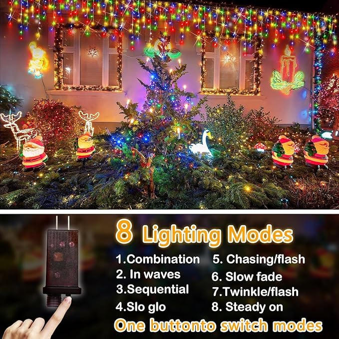 98FT 960 LED Christmas Lights, Waterproof 8 Modes Ice Lights for Outside with Memory and Timer Hanging Fairy Lights Plug-in Curtain String Lights for Holiday Party Wedding Home (Multicolor)