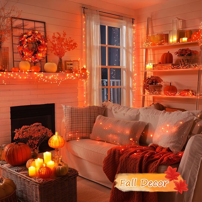JMEXSUSS 2 Pack Orange Fairy Lights, Total 200 LED 66ft Battery Operated Halloween Lights with Remote, 8 Modes Twinkle String Light for Halloween Thangksgiving Fall Tree Indoor Outdoor Decoration