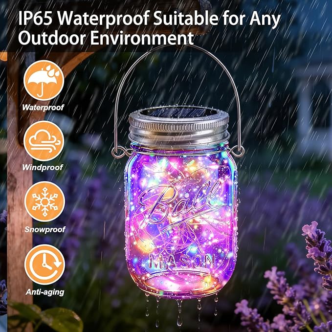 VOOKRY 12 Pack Solar Mason Jar Lights, 30 LED Mason Jar Lids Waterproof Firefly Fairy String Lights with 12 Hangers(No Jars), for Outdoor Patio Garden Yard Lawn Party Wedding Decoration - Multicolor