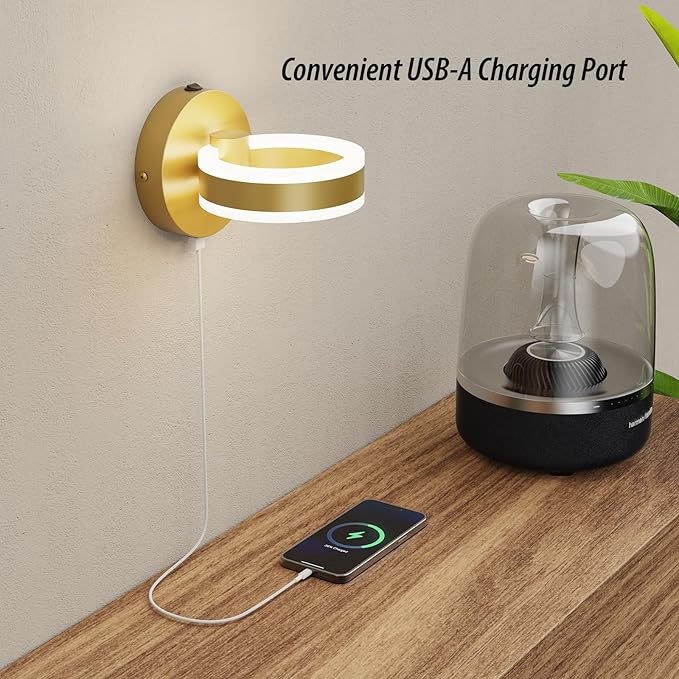 Wall Lamp LED Wall Sconce Rotatable Up-Down Sconces Wall Lighting with Built-in Switch and USB Charging Port 110 Volt AC Hardwired Wall Light (Gold,2 Pack)