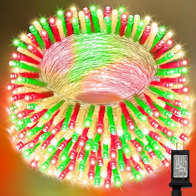 LAMPHOME Red Green Warm Christmas String Lights, 300 LED 99 FT Connectable Waterproof String Lights Green Wire with 16 Modes, Xmas Vintage Decorations for Indoor Outdoor Party Yard Garden Decor