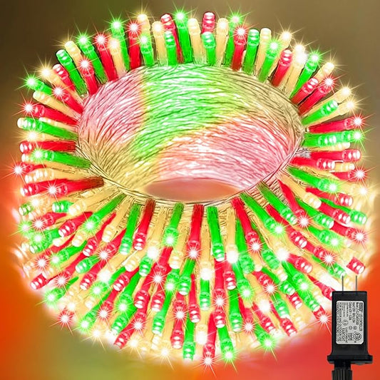 LAMPHOME Red Green Warm Christmas String Lights, 300 LED 99 FT Connectable Waterproof String Lights Green Wire with 16 Modes, Xmas Vintage Decorations for Indoor Outdoor Party Yard Garden Decor