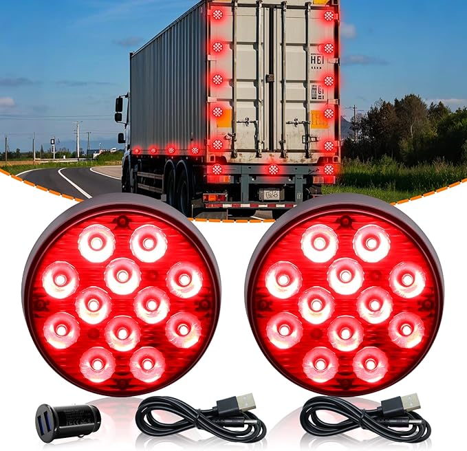 2PCS Magnetic Red Strobe Lights for Trucks, Rechargeable Flashing Lights for Vehicles, LED Red Beacon Magnetic Trailer Lights Portable Emergency Safety Warning Lights Wireless Strobe Lights