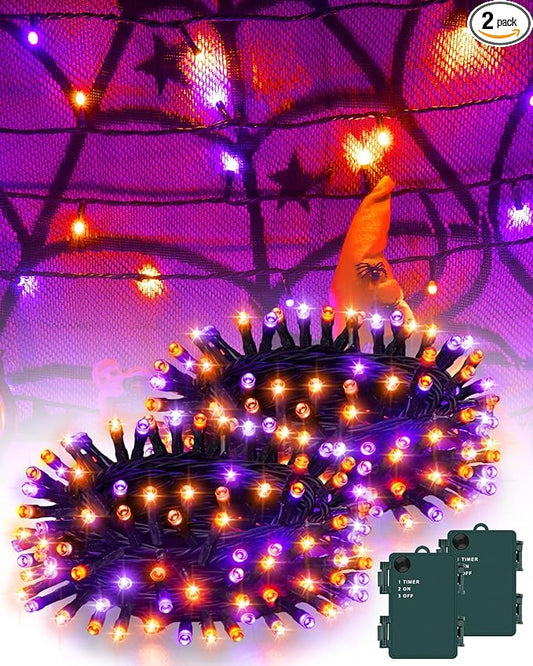 Halloween String Lights Battery Operated, Orange and Purple Fairy Lights with Timer Waterproof 9.8ft 30 LED Halloween Decorations for Outdoor Indoor Patio Party Garden Yard Decor 2 Packs