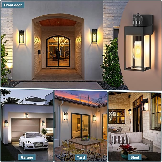 Motion Sensor Outdoor Wall Lanterns 2 Packs, Upgrade Dusk to Dawn Exterior Light Fixture, 3 Lighting Modes, Waterproof Front Porch Lights for Garage Patio Garden House Entryway, Black.