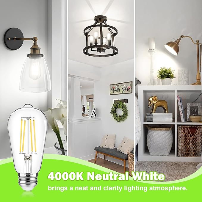 Vintage Edison Bulbs 60W Equivalent 850LM, 6W LED Light Bulb Neutral White 4000K, ST58 Filament Lighting E26 Base, Non-Dimmable, Pack of 6