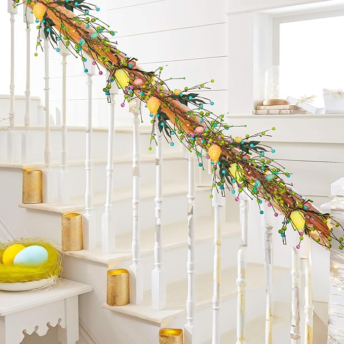 NEROSUN 2 Pack 12 FT 40 LED Battery Operated Lighted Easter Egg Garland with 8 Modes, Artificial Green Plastic Garland for Indoor/Outdoor Home Fireplace Party Door Decoration
