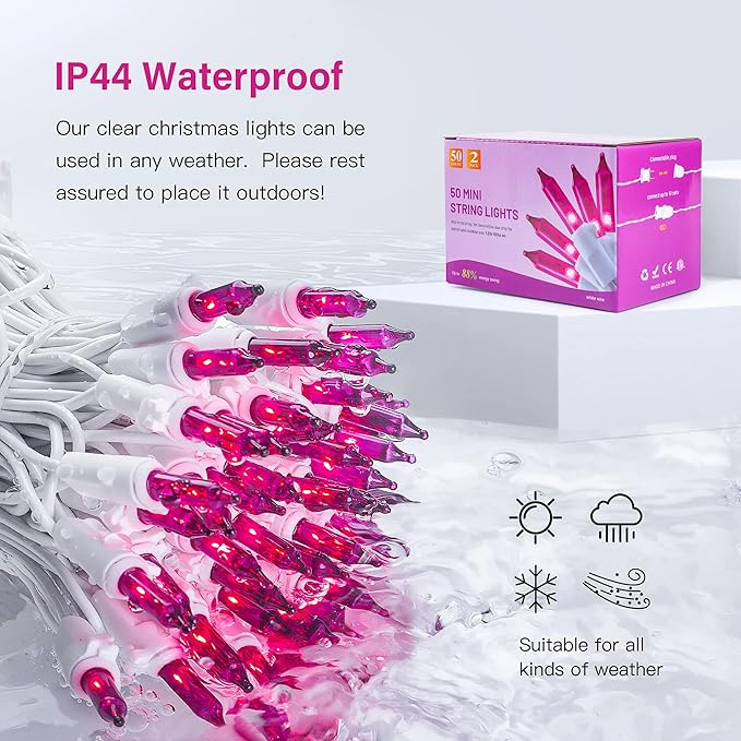 Hopolon 2PACK 50-Count Pink Purple Lights with White Wire,13ft Romantic Mini Lights, Incandescent String Lights for Halloween, Christmas Tree, Holiday, Xmas, Party Indoor & Outdoor Use(Pink Purple)