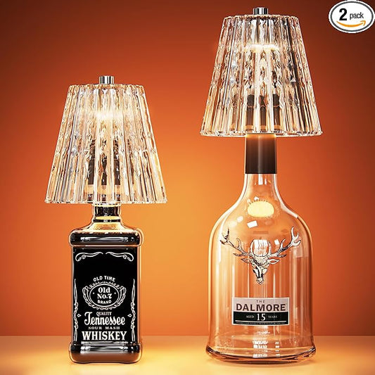 Wireless Bottle Lamp USB Rechargeable with Crystal Lampshade, 3-Color Touch Control Bottle Light Smooth Dimming, Wine Bottle Lamp for Bar Décor, Home, Kitchen & Party Lighting, 2-Pack