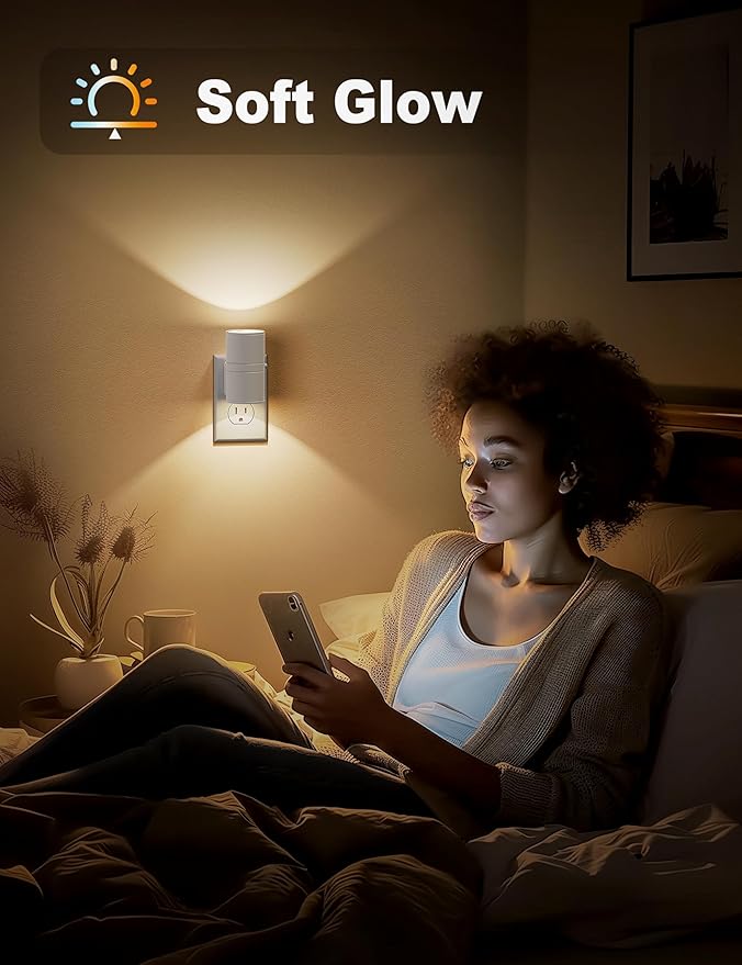 JandCase Night Lights Plug into Wall, Dimmable Night Light Plug in, Modern Night Light Dusk to Dawn Light Sensor, Warm White 3000K, 0-100LM Adjustable Brightness Nightlight for Hallway Bedroom, 2 Pack