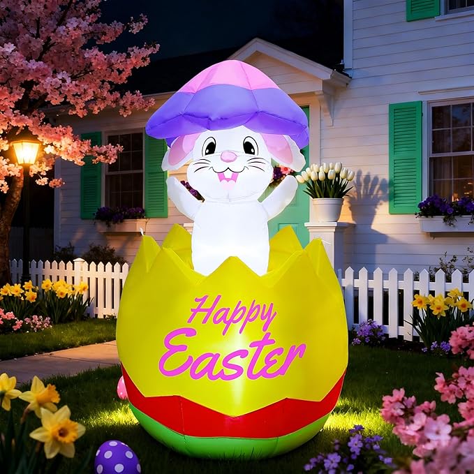 Joliyoou 5FT H Easter Inflatable Outdoor Decoration, Air-Blown Bunny in Egg with Shell on Head, Blow Up Rabbit with Built-in LED Lights for Lawn Yard Garden Holiday Party Indoor Outdoor Decor