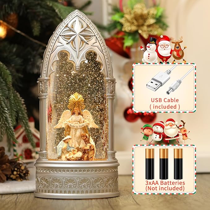 11.8 Inch Angel Snow Globe, Christmas Lantern with Glittering Lighted Plug-in, 3 AA Battery Operated & USB Powered, Angel Snow Globe Lantern for Christmas Home Decoration and Gift