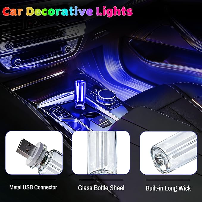 USB Car Night Light,Touch Dimmable Mini LED Lights,Portable Retro Glass Bottle Decorative Lights for Car Interior, Bedroom,Hallway & Party Decor,4-Pack (2Purple&2Blue)