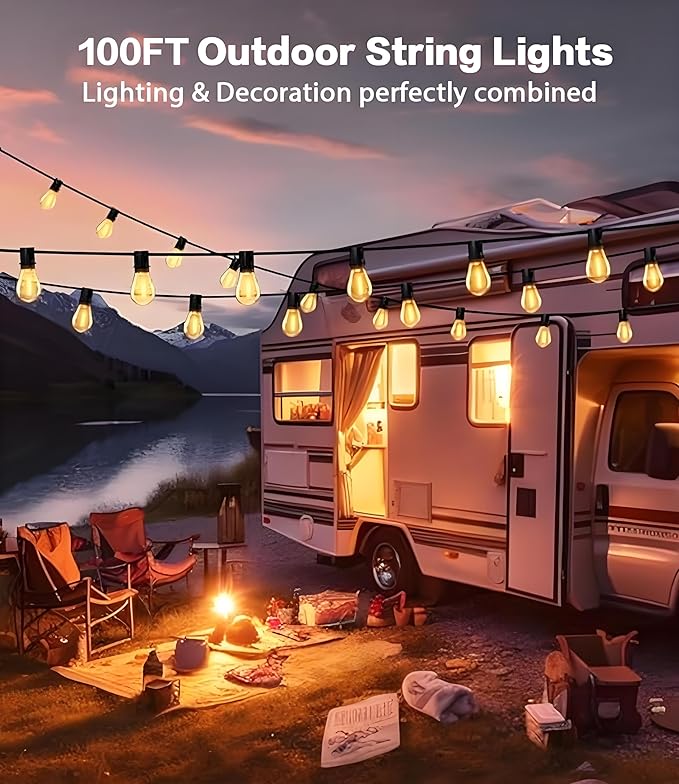 Tenmieo 100FT LED Outdoor String Lights with Remote, 35+ 1 Shatterproof Bulbs Waterproof and Dimmable Patio Lights for Porch, Garden, Backyard, Deck, Balcony, 2700K Hanging Lighting