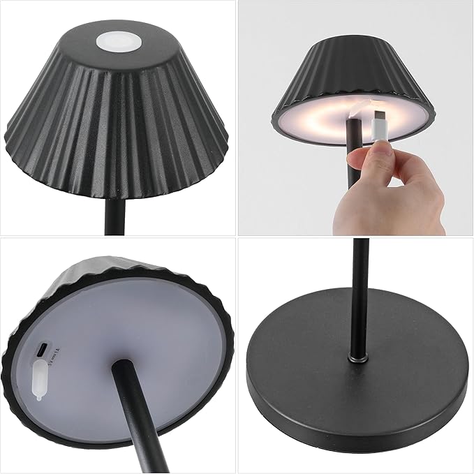 JONATHAN Y 44" Black Modern Rechargeable Cordless LED Floor Lamp for Patio, Dimmable Minimalist Indoor Outdoor Standing Light, Pleated Iron Shade, Touch Sensor (JYL7168D)