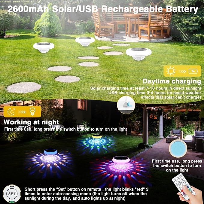 Solar Floating Pool Lights(2 PACK), USB Rechargeable Pool Lights, 6.69 Inch IP68 Waterproof Pool Lights That Float 6 Dynamic Modes with Remote Upper and Lower Glow 2600mAh Hangable Light for Pond