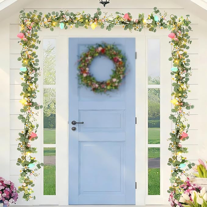 Easter Garland for Mantle - 6FT Faux Eucalyptus Garlands with Daisy, Pink Bloom & Egg, 20 LED Lights, Battery Operated Auto Timer, Flexible for Indoor Outdoor Spring Home Decor
