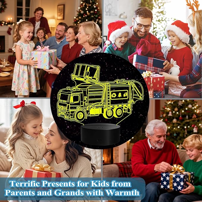 Garbage Truck Night Light, Garbage Truck Gifts, 3D Illusion Lamp with Remote Control, 16 RGB Colors, 4 Flashing Modes, Timer, Dimmable, Trash Truck Gifts Room Decoration for Holiday Birthday Christmas