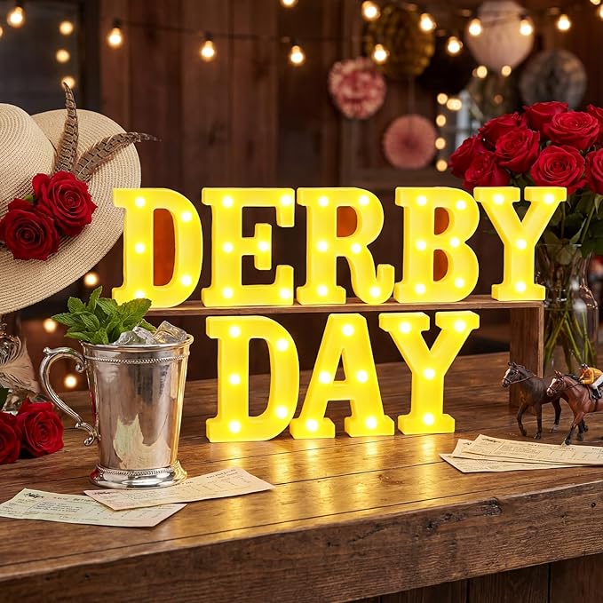 7 Pcs Derby Day Decorations Derby Day Large LED Letter Sign Battery Powered Light Hanging Decor for Party Decorations Indoor Outdoor