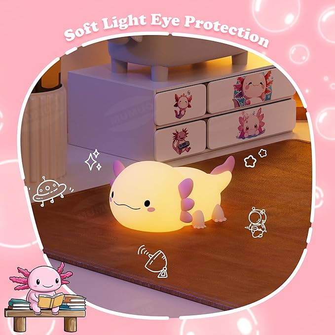 Axolotl Night Light, LED Cute Silicone Nursery Axolotl Lamp for Kids, Rechargeable Squishy Nightlight Touch Nightlight Bedside Lamp with 20 Minutes Timer for Breastfeeding, Funny Decor, Cute Gifts