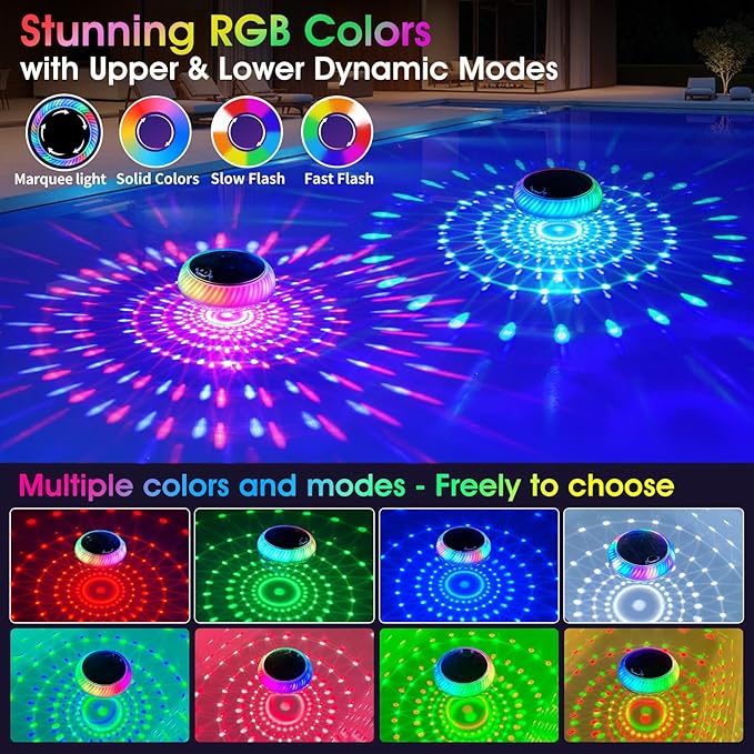 Floating Pool Lights Solar Charged, 7.6 Inch RGB Upper & Lower Color Changing Solar Pool Lights that Float with Dynamic Lighting Effects, IP68 Waterproof Floating Light for Pool Party Decor(1)