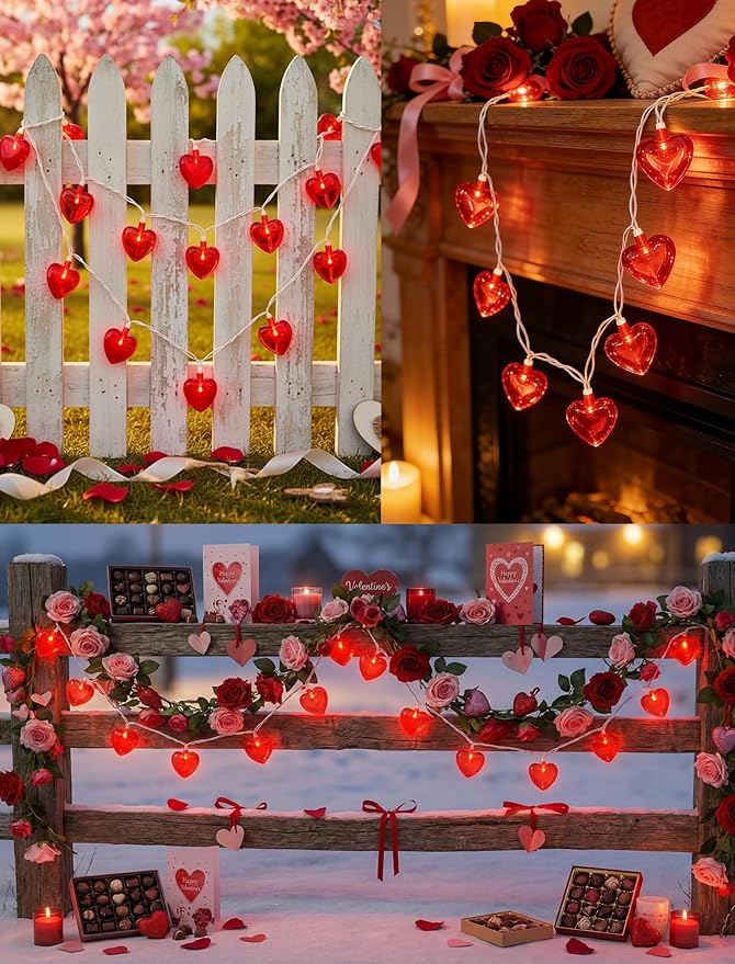 Valentines Red Heart String Lights Plug in, 8.5Ft Outdoor Valentine's Day Decorations Lights with 10 LED Red Heart Lights, Heart Fairy String Lights for Indoor Home Window Wedding Party Xmas Decor