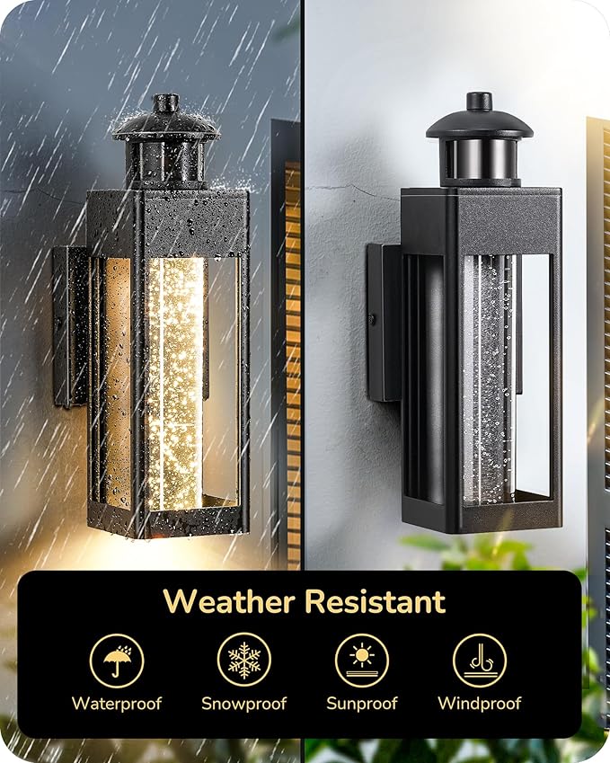EDISHINE 2 Pack Modern Exterior Lighting Fixtures, LED Outdoor Light Fixtures Wall Mount, with Motion & Photocell Sensor, Crystal Bubble Glass, 3000K, Front Porch Light for House, Garage