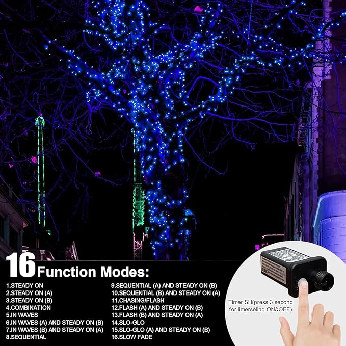 LAMPHOME 33ft 100 LED Blue Christmas Lights Clear Wire, Connectable16 Modes Blue Christmas Tree Lights Indoor Outdoor Plug in, Fairy String Lights for Christmas Tree, Xmas, Party, Garden