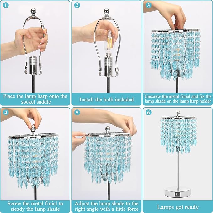 Boncoo Crystal Table Lamp with Touch Control and Dual USB Ports - 3-Way Dimmable Bedside Light with Teal Lamps Shade for Living Room Bedroom, Elegant Home Decor - LED Bulb Included