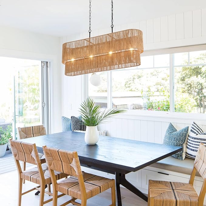 42” Boho Chandelier Coastal 2 Layers Hand Woven Rattan Pendant Light Linear Large Island Light for Dining Room Kitchen Island Living Room, UL Listed