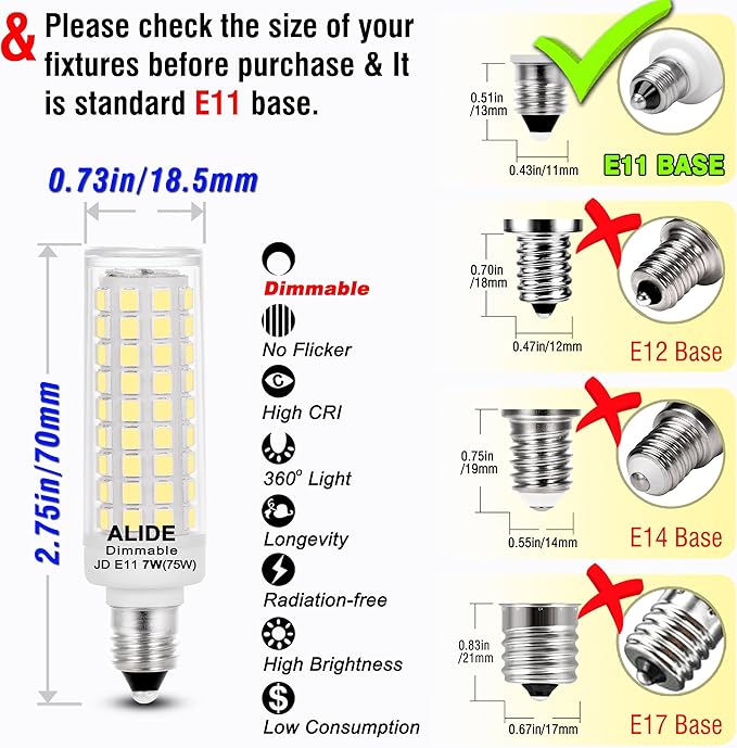 JDE11 Led Bulbs 120V 75W Halogen Candelabra Bulbs Equivalent Dimmable,T3 T4 Mini Base JD E11 Bulb, 6000K Daylilght White 7W 750lm E11 for Chandeliers,Candelabra,Ceiling Fan,Cabinet Lighting,4Pcs