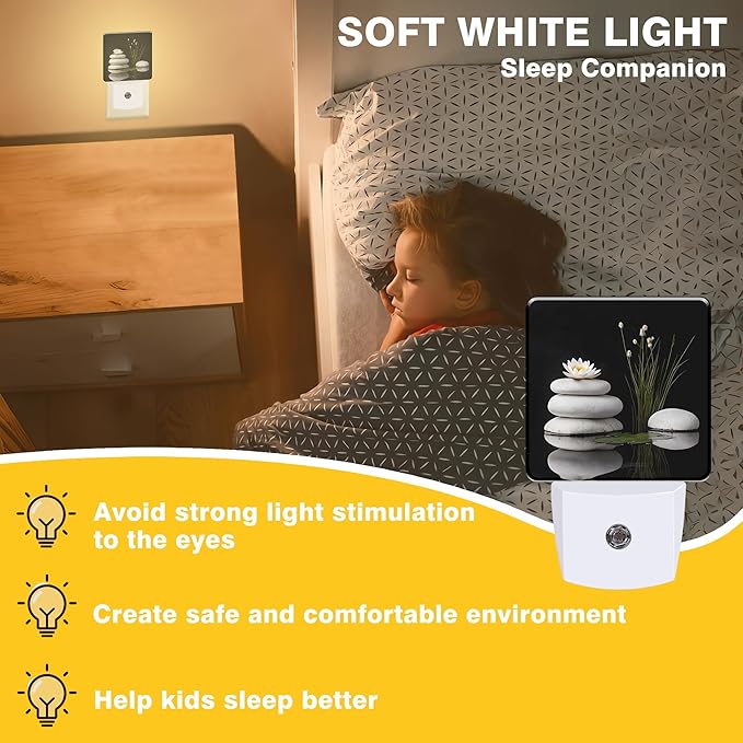 Grey Stones and White Lotus Night Light, Plug-in Nightlight with Dusk to Dawn Auto Sensor for Home Bedroom Hallway Kitchen 0.5W Sleep Friendly Led Lamp for Women Men