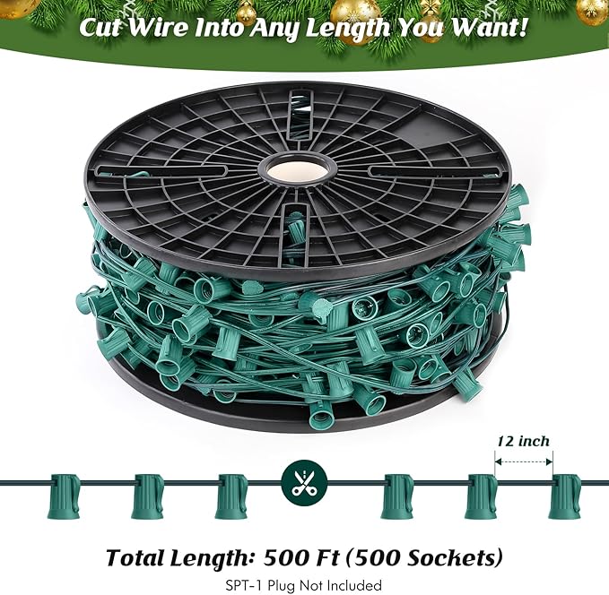 Brightever Commercial 500 FT C9 Christmas LED Lights String Outdoor, E17 Christmas Light Sockets Set Spool, C9 Sockets Patio String Lights C9 Strands - 12 Spacing Intermediate Base Green Wire